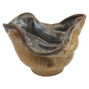 Handmade Signed Pottery Bowl Vase - 5" Small Beige Brown Speckled Abstract